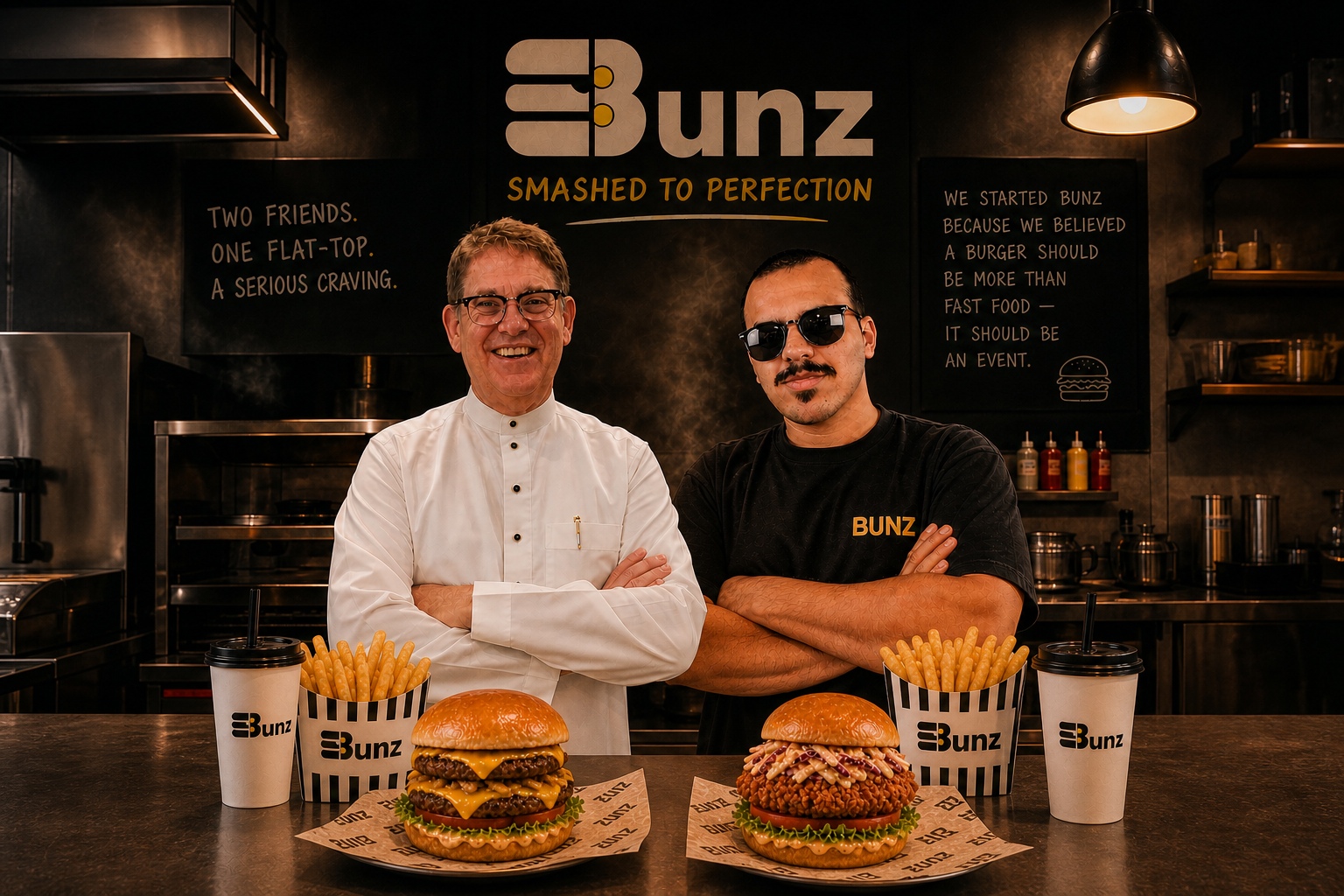 The two Bunz founders behind the counter with smash burgers, fries, and drinks